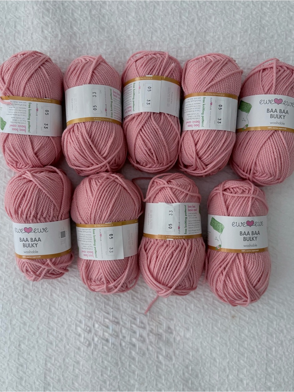 Ewe Ewe Baa Baa Bulky Merino Yarn Soft Pink– 9 Skeins Same Dye Lot